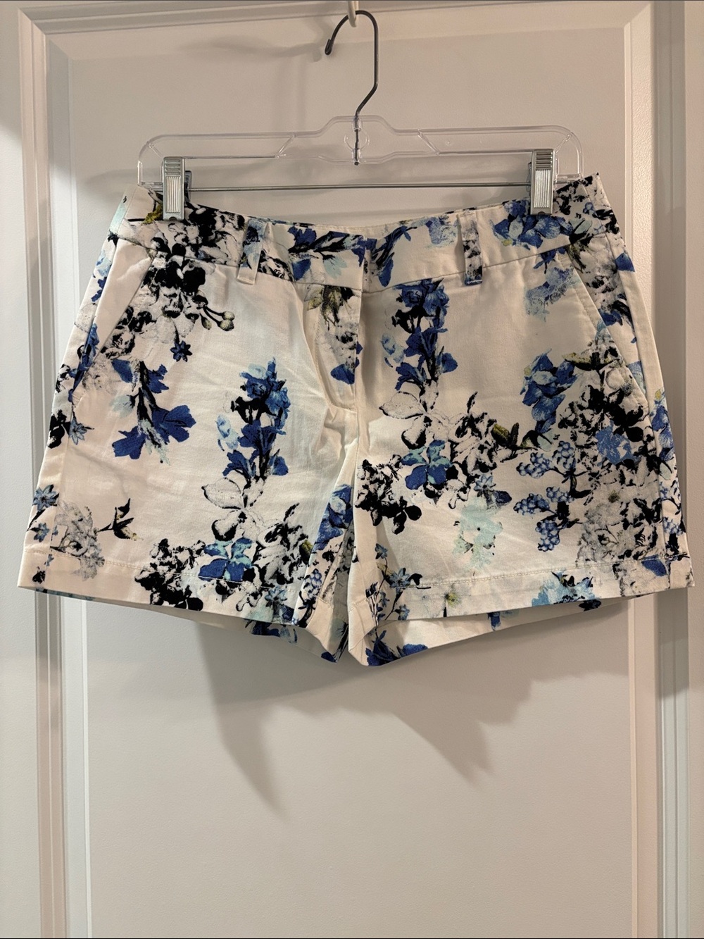 LOFT White Floral Print Bermuda Shorts with Blue Accents